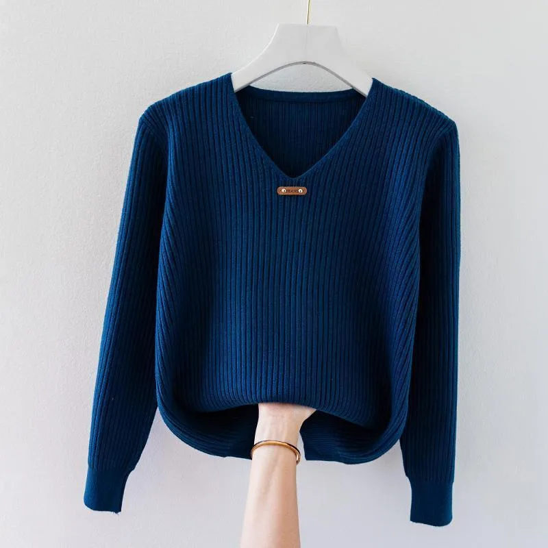 V neck Jersey Women's Long Sleeve Loose Sweater Denim Blue - Shop at LoveMi