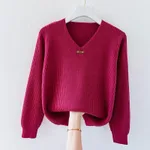 V-neck Jersey Women's Long Sleeve Loose Sweater - Rose Red