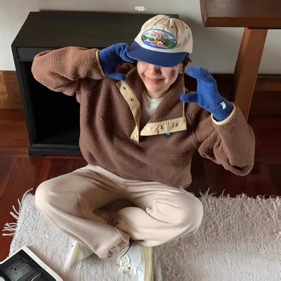 Women's Stand Collar Half Zip Love Embroidery Lamb Wool Sweatshirt Brown - Shop at LoveMi