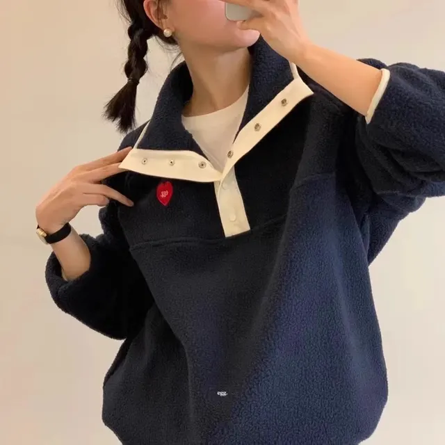 Women's Stand Collar Half Zip Love Embroidery Lamb Wool Sweatshirt Navy Blue - Shop at LoveMi