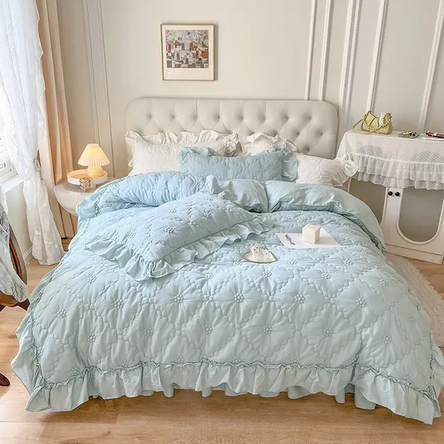 Washed Cotton Four piece Set Girlish Heart Duvet Cover Sky Blue - Shop at LoveMi
