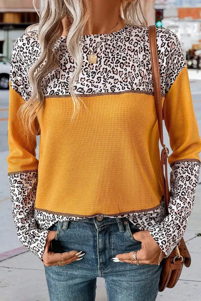 European And American Pullover Round Neck Leopard Splicing Waffle Sweater Ginger Yellow - Shop at LoveMi