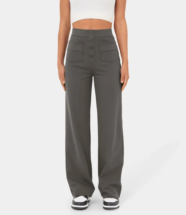 High Waist Trousers With Pockets Casual Loose Wide Leg Button Straight Pants Women's Clothing Dark Grey - Shop at LoveMi