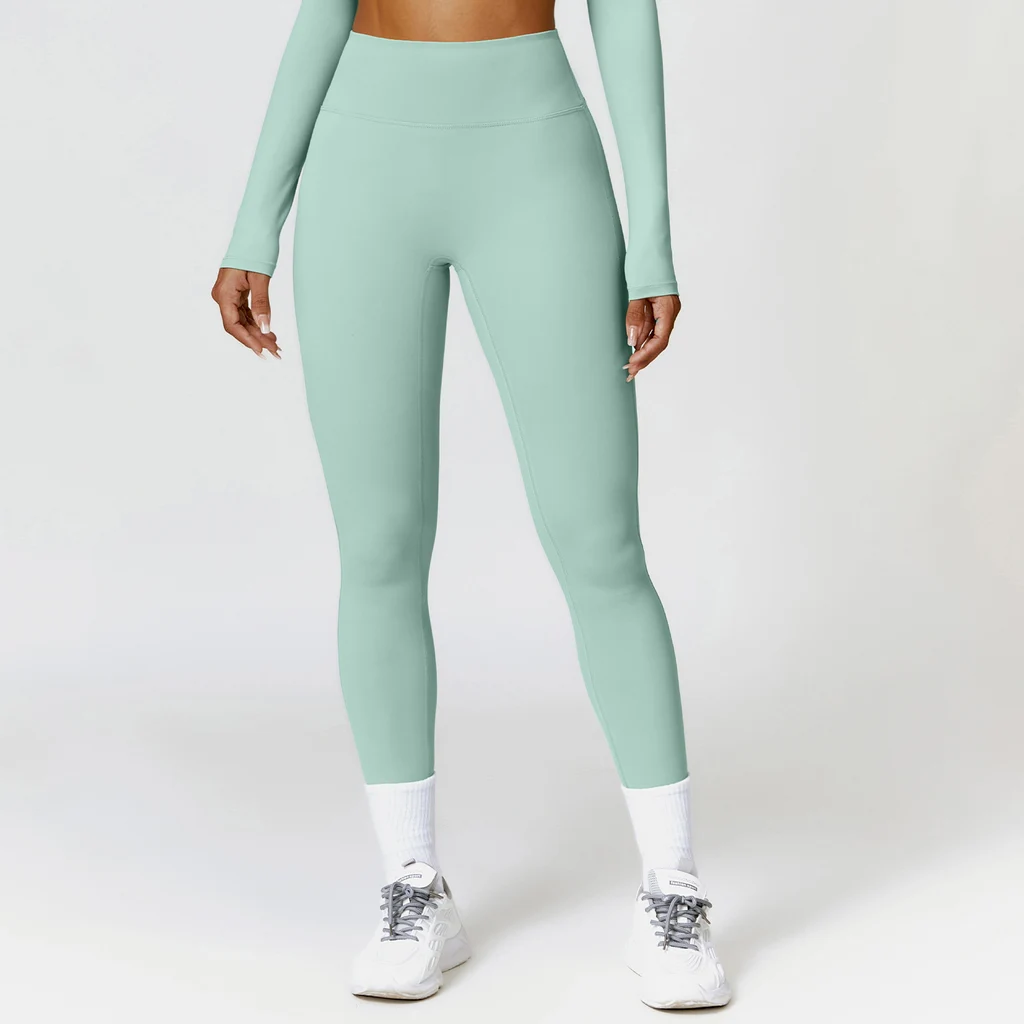 Belly Contracting Hip Lifting Brushed High Waist Yoga Pants - Pea Green