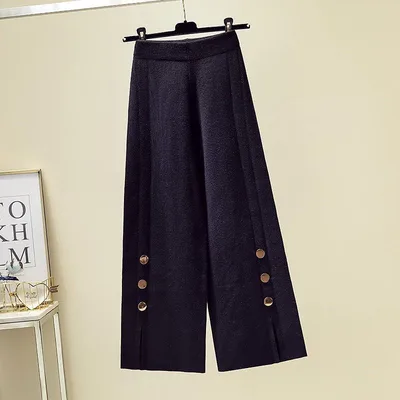 High Waist Design Sense Bootcut Pants Loose Slimming And Wide Leg Slit Knitted Women's Casual Trousers Black - Shop at LoveMi