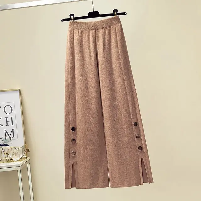 High Waist Design Sense Bootcut Pants Loose Slimming And Wide Leg Slit Knitted Women's Casual Trousers Khaki - Shop at LoveMi