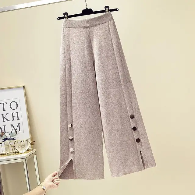High Waist Design Sense Bootcut Pants Loose Slimming And Wide Leg Slit Knitted Women's Casual Trousers Oats - Shop at LoveMi