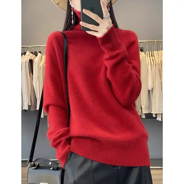 Women's Turtleneck Autumn And Winter Thickening Inner Wear Base Cashmere Sweater Sweater Red - Shop at LoveMi