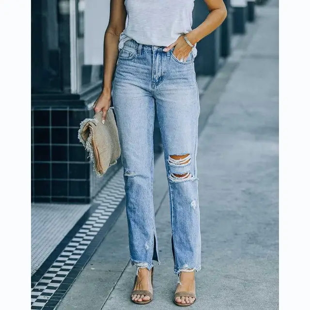 Spring And Summer Leisure Fashion Street Washed Jeans Light Blue - Shop at LoveMi