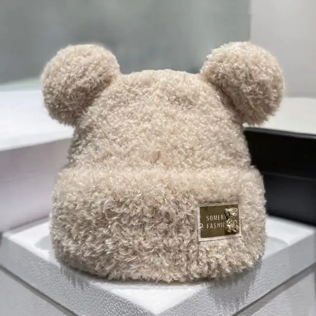 Winter Plush Bonnet Cute Bear Makes Face Look Smaller Metal Label Beige - Shop at LoveMi