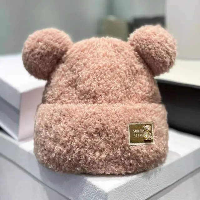 Winter Plush Bonnet Cute Bear Makes Face Look Smaller Metal Label Pink Color - Shop at LoveMi