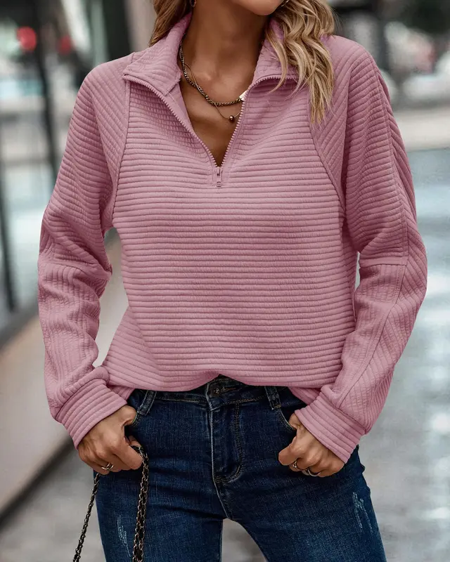 Zipper Stand Collar Pullover Sweatshirt Fashion Solid Striped Long Sleeve Top Spring And Autumn Women's Clothing Pink - Shop at LoveMi