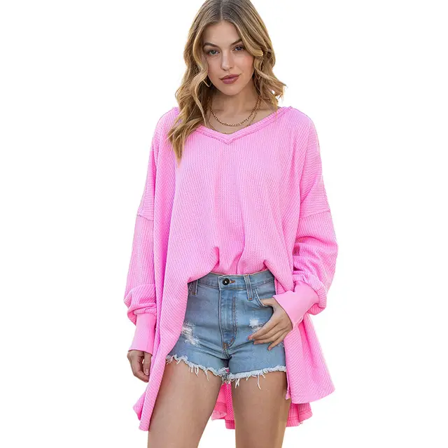 Solid Color Exposed European And American Loose Long sleeved Sweater Pink - Shop at LoveMi