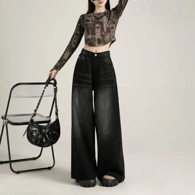 Retro Washed Craft Black Gray Wide Leg Jeans Black And Gray Trousers - Shop at LoveMi