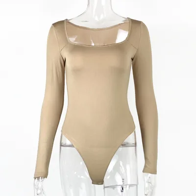 Sexy Slim Fit Slimming Square Collar Bottoming Long Sleeve Jumpsuit Apricot - Shop at LoveMi
