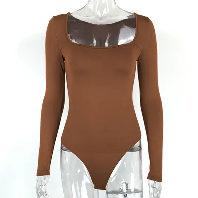 Sexy Slim Fit Slimming Square Collar Bottoming Long Sleeve Jumpsuit Brown - Shop at LoveMi