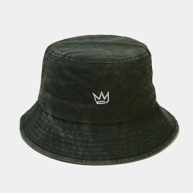 Crown Embroidered Fisherman Hat Washed Cotton Vintage Distressed Army Green - Shop at LoveMi
