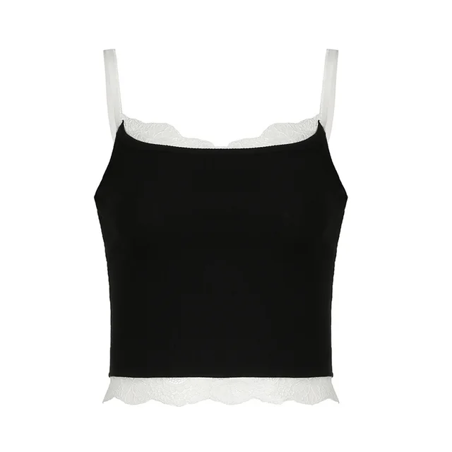 Contrast Color Lace Knitted Fashion Design Sense Bottoming Small Slip Top Women Black - Shop at LoveMi