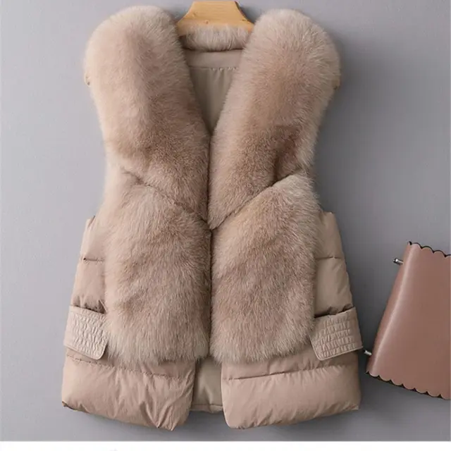Winter Short Down Jacket Women's Imitation Fox Fur Woolen Women's Winter Wear Vest Cardigan Apricot - Shop at LoveMi