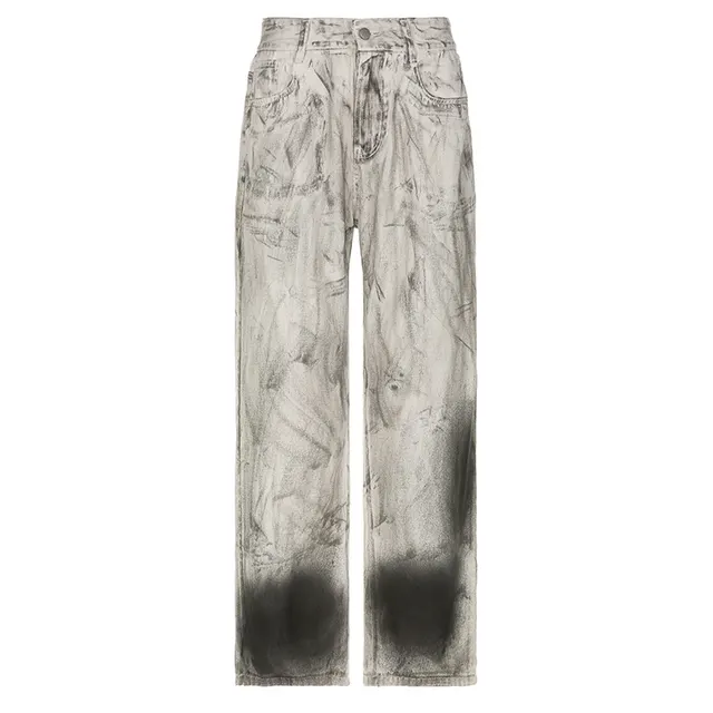 Personalized Distressed Washed High Waist Loose Drooping Trousers Gray - Shop at LoveMi