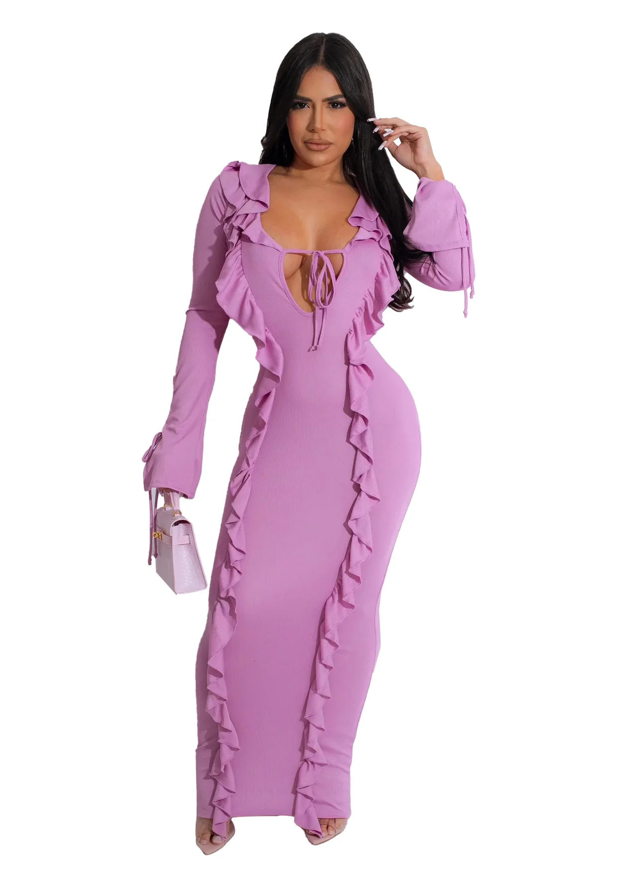 Pure Color Tied Stringy Selvedge Dress - Violet