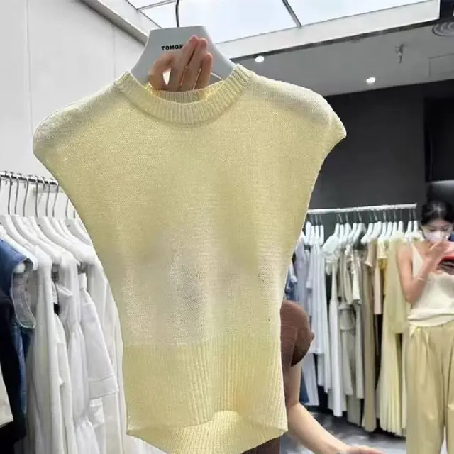 Women's Hollow out Round Neck Sweater With Design Sense Summer Yellow - Shop at LoveMi