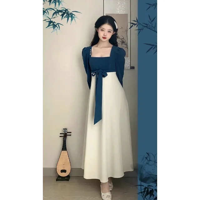 National Style New Spring And Autumn French Retro Elegant Slim Square Collar High Waist Skirt Blue And White - Shop at LoveMi