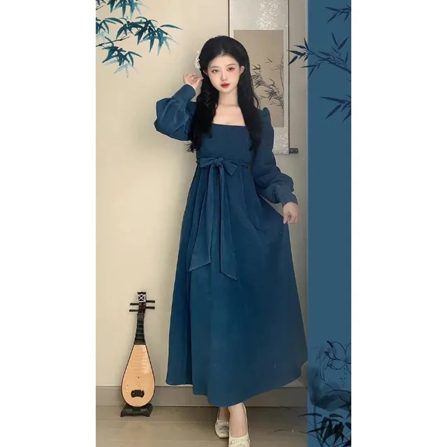 National Style New Spring And Autumn French Retro Elegant Slim Square Collar High Waist Skirt Peacock Blue - Shop at LoveMi