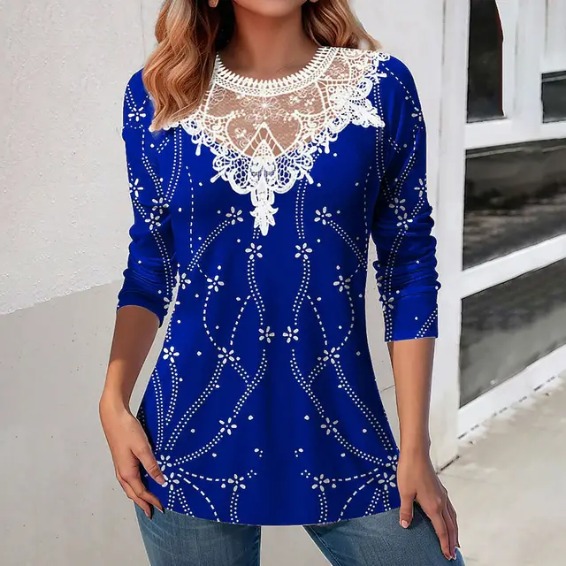 Lace Patchwork Round Neck Top Fashion Casual Printing Loose Long Sleeve Top Women Blue - Shop at LoveMi