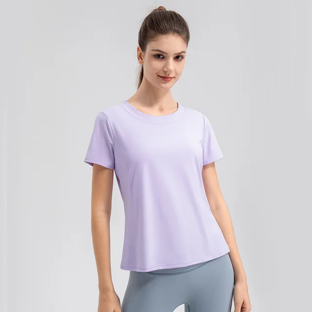 Loose Yoga Clothes Short Sleeve Lightweight Breathable Running Fitness Sports Top Light Purple - Shop at LoveMi