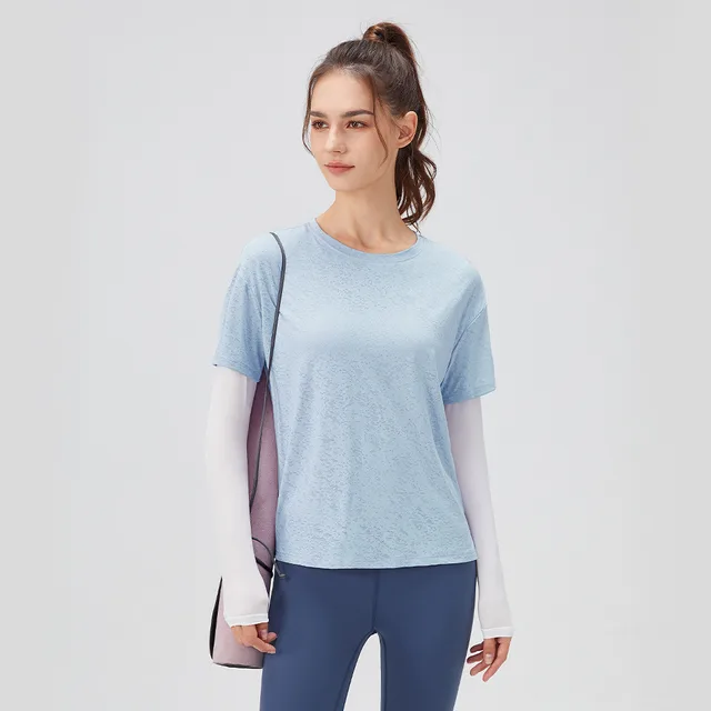 Women's Fake Two piece Loose Sports Long Sleeve Yoga Wear Light Blue - Shop at LoveMi