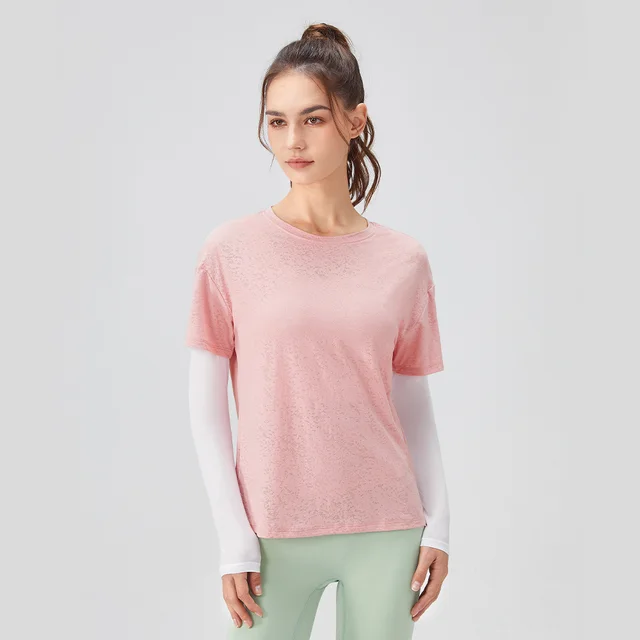 Women's Fake Two piece Loose Sports Long Sleeve Yoga Wear Peach Pink - Shop at LoveMi