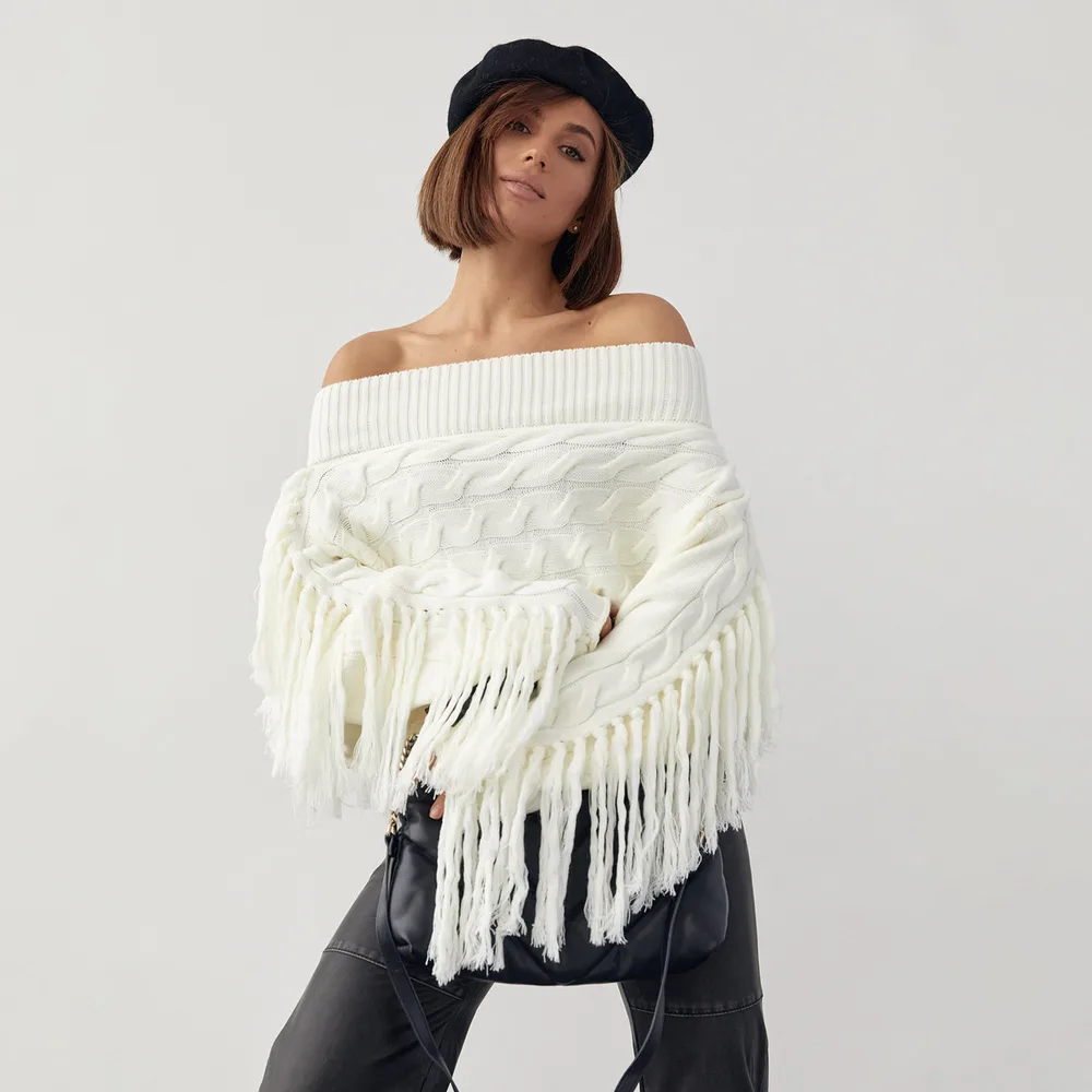 Pure Color Elegant Style Woolen Tassel Design Sweater Autumn And Winter Ls3398 White - Shop at LoveMi
