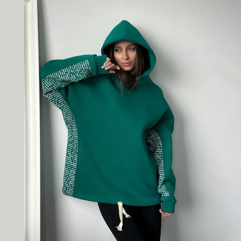 Cuff Letter Print Sweatshirt Women's Hooded - Ls3340 Green