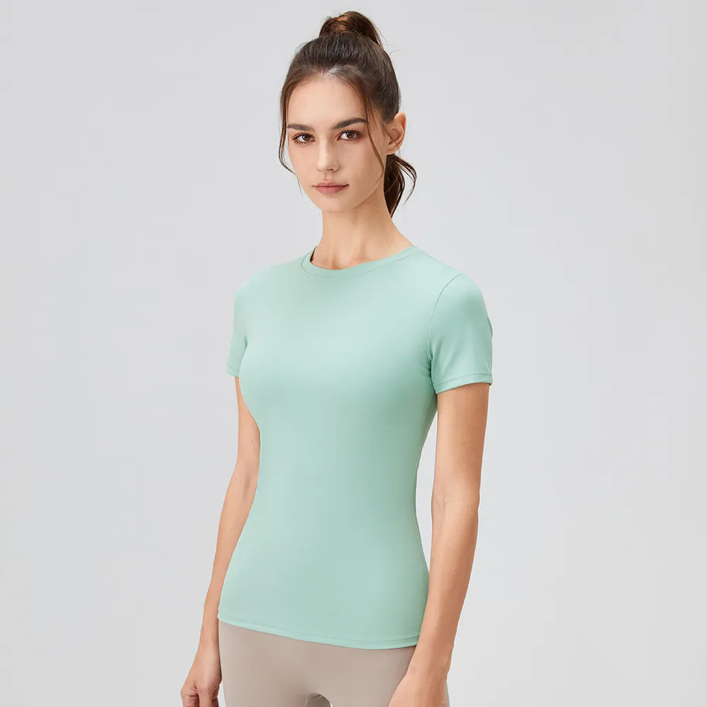 Solid Color Yoga Short Sleeve Round Neck Quick drying Running Workout T shirt Tight Exercise Yoga Clothes Mist Green - Shop at LoveMi
