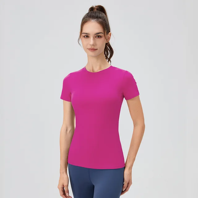 Solid Color Yoga Short Sleeve Round Neck Quick drying Running Workout T shirt Tight Exercise Yoga Clothes Rose Red - Shop at LoveMi