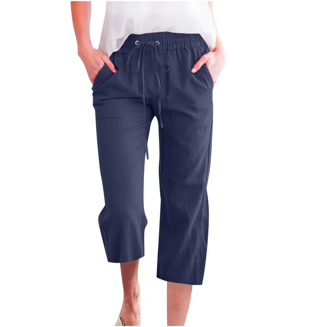 Women's Solid Color Drawstring Cotton And Linen Casual Loose Straight Pocket Home Cropped Pants Dark Blue - Shop at LoveMi