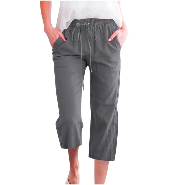 Women's Solid Color Drawstring Cotton And Linen Casual Loose Straight Pocket Home Cropped Pants Dark Gray - Shop at LoveMi