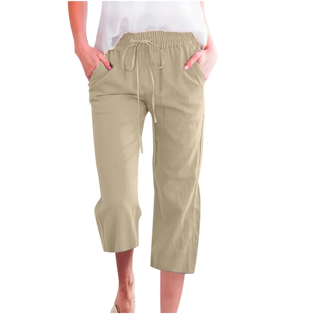 Women's Solid Color Drawstring Cotton And Linen Casual Loose Straight Pocket Home Cropped Pants Khaki - Shop at LoveMi