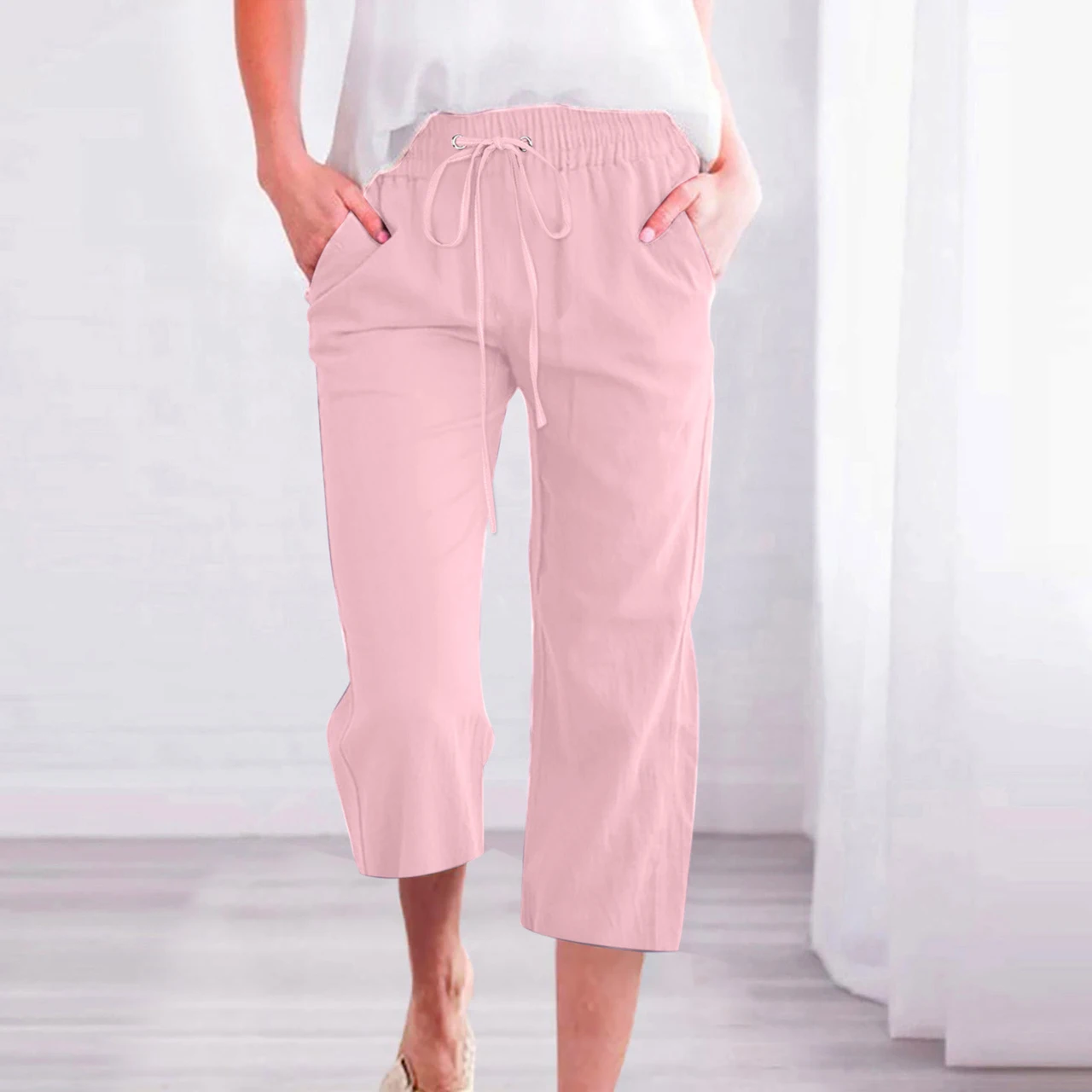 Women's Solid Color Drawstring Cotton And Linen Casual Loose Straight Pocket Home Cropped Pants - Pink