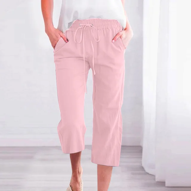 Women's Solid Color Drawstring Cotton And Linen Casual Loose Straight Pocket Home Cropped Pants Pink - Shop at LoveMi