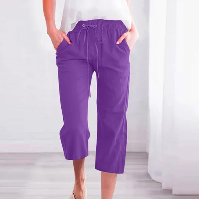Women's Solid Color Drawstring Cotton And Linen Casual Loose Straight Pocket Home Cropped Pants Purple - Shop at LoveMi
