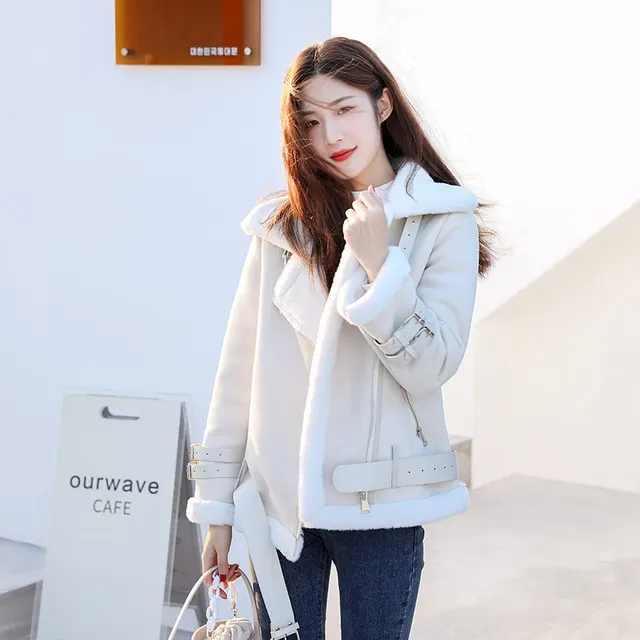 Autumn And Winter Thickened Fur Sheep Short Coat Women's Cotton padded Coat Fur Cotton padded Coat Small Beige Belt - Shop at LoveMi