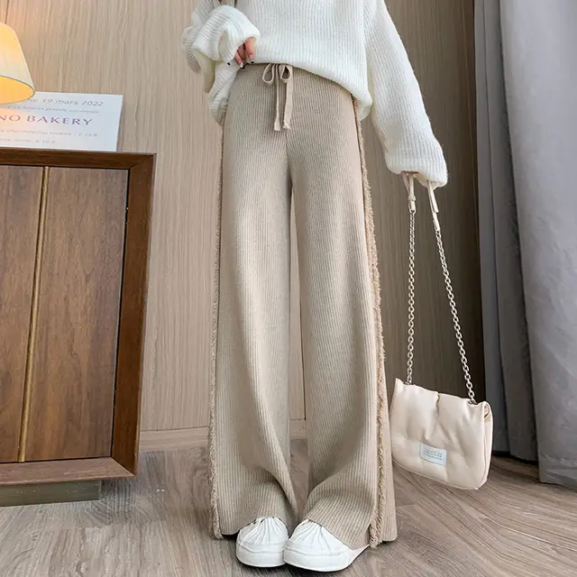 Women's Side Tassel Knitted Wide leg Pants Oats - Shop at LoveMi