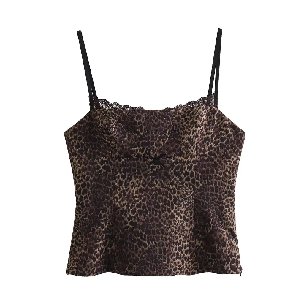 Silk Satin Textured Underwear Strap Top - Leopard Print