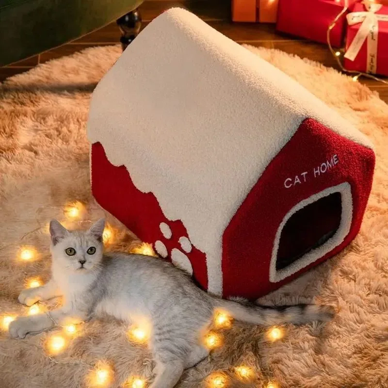Christmas Winter Warm House Pet Bed Villa Enclosed - Including Chimney