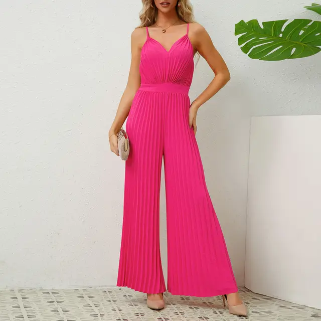 V neck Suspender Pleated Jumpsuit Solid Color Loose Straight Pants Womens Clothing Rose Red - Shop at LoveMi