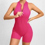 Zippered Yoga Fitness Shorts Jumpsuit Sleeveless Tummy Control Stretch Shapewear Butt Lifting Sportswear Women - Rose Red