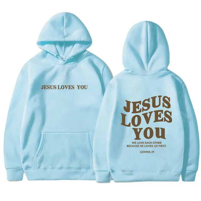 Brushed Hoody Back Letter Printed Kangaroo Pocket Drawstring Printed Hooded Sweater Light Blue - Shop at LoveMi