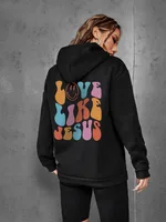 Brushed Hoody Back Letter Printed Kangaroo Pocket Drawstring Printed Hooded Sweater - S-S